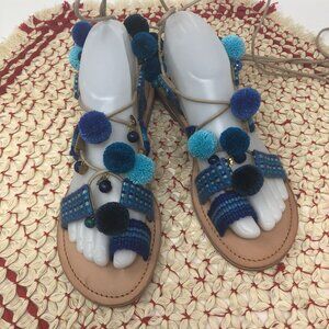 Casa Chiqui Sandals Womens Size 38 Leather Ankle Wrap Blue Boho Embellished